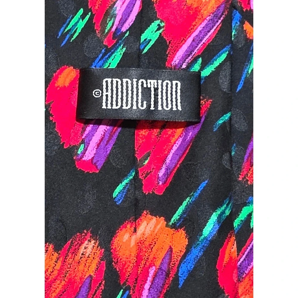 Addiction Silk Necktie Mens OS Black Red Abstract Heart Print Excellent Handmade
